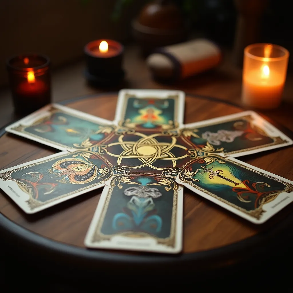 Elegant tarot cards arranged in Celtic Cross spread on rustic wooden table