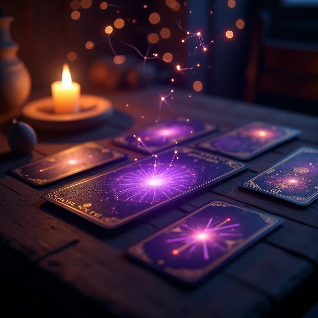Mystical tarot cards spread on wooden table with ethereal purple and gold light emanating from cards